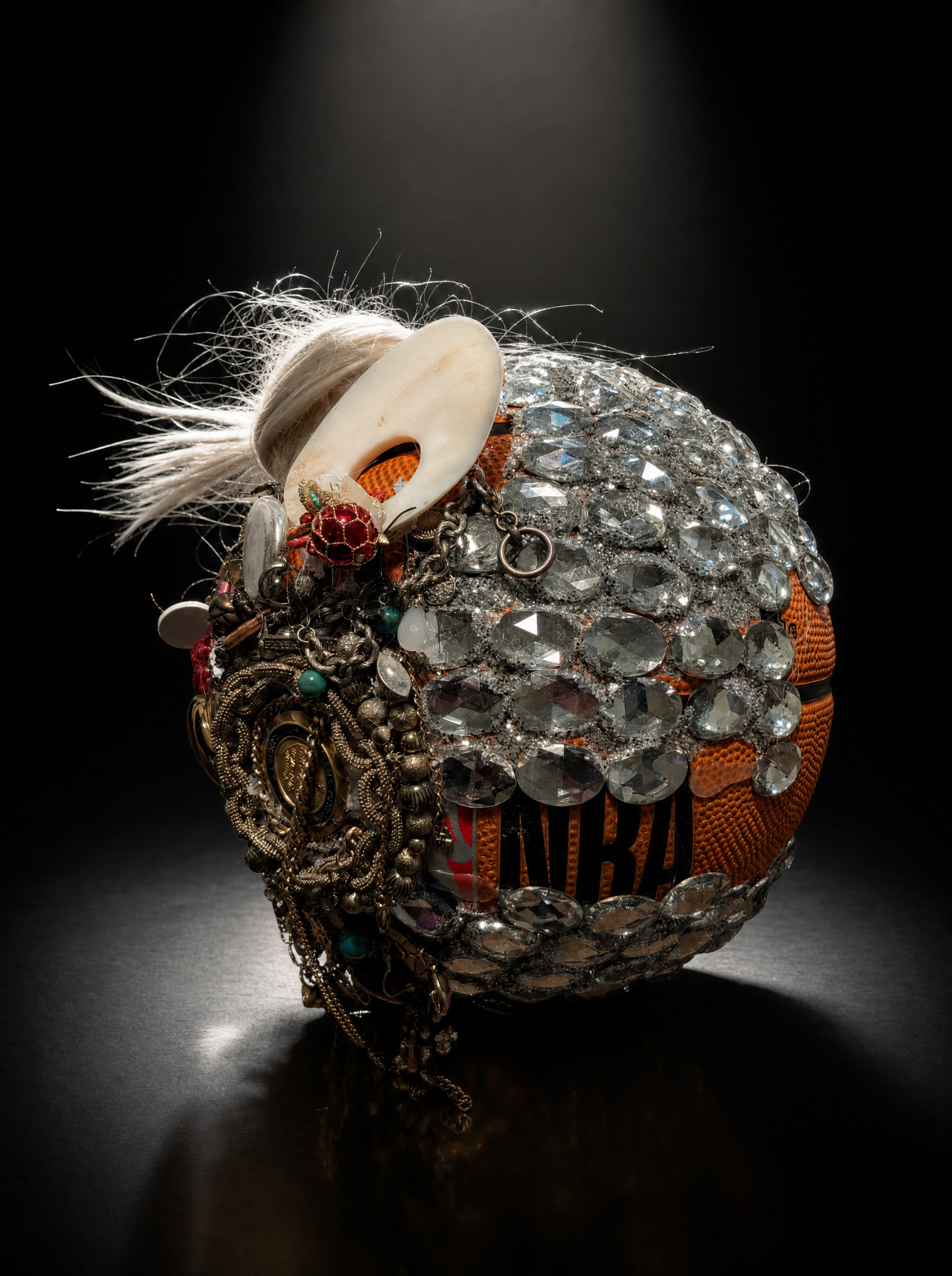 Drag Everything Up sculptural basketball object under spotlight