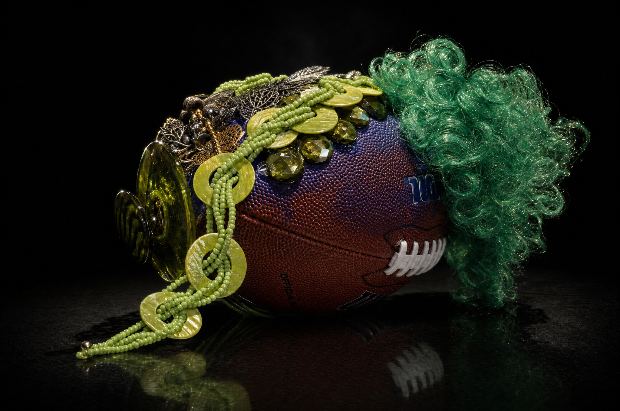 Drag Everything Up football object with green hair and chartreuse embellishments
