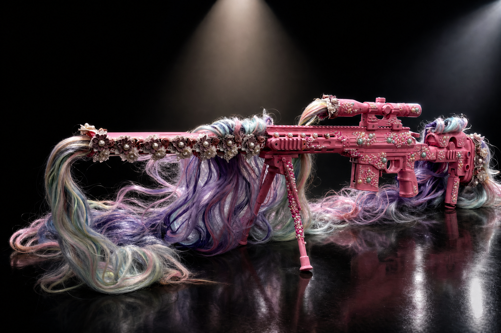 Drag Everything Up pink embellished rifle sculpture with pastel hair